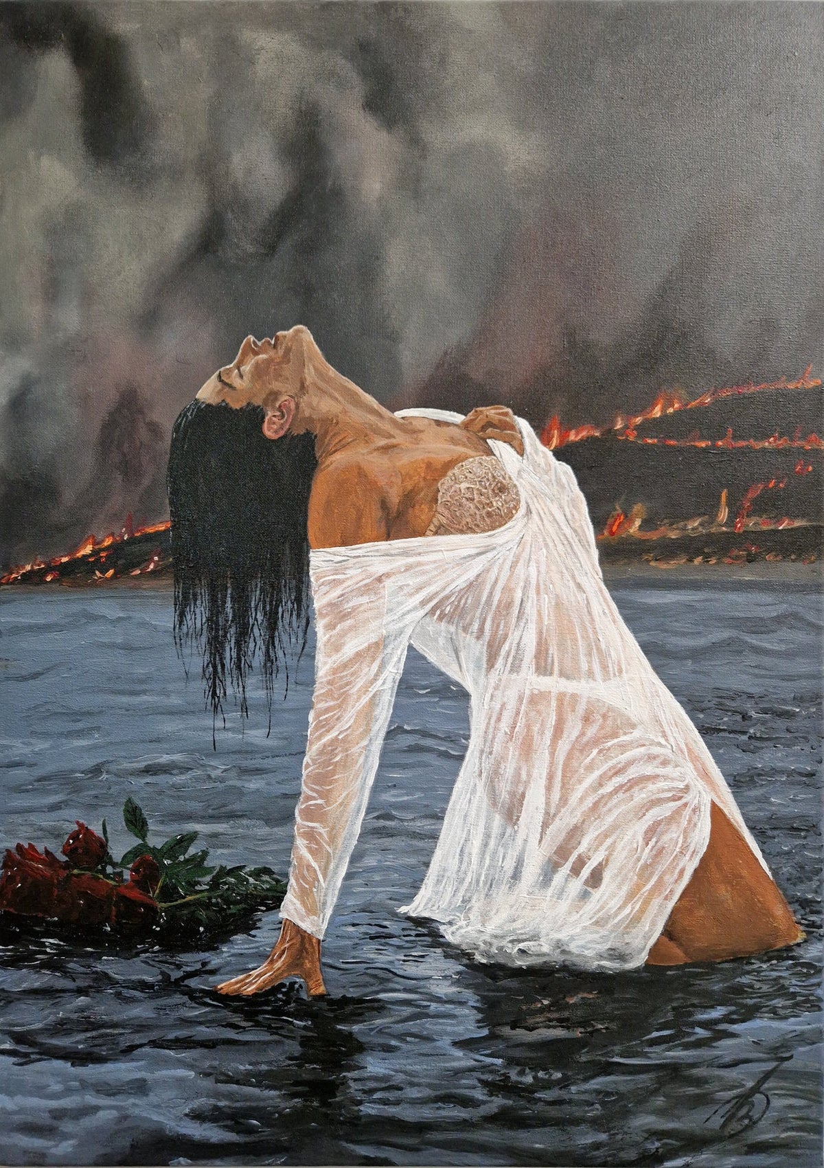 Relief by Artis Berkmanis — a woman kneeling in the rain with fire behind her