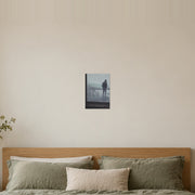 I love you, Dad! art poster by Artis Berkmanis, a child's drawing on a rainy window with a father figure standing beyond the glass. Unframed matte print shown at 21 x 30 cm above a bed in a calm Scandinavian bedroom.