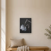 The night did not keep him canvas print by Artis Berkmanis, the white outline of a horse's head, its breath turning to mist on a black background. Shown at 30 x 41 cm in a Scandinavian hallway.