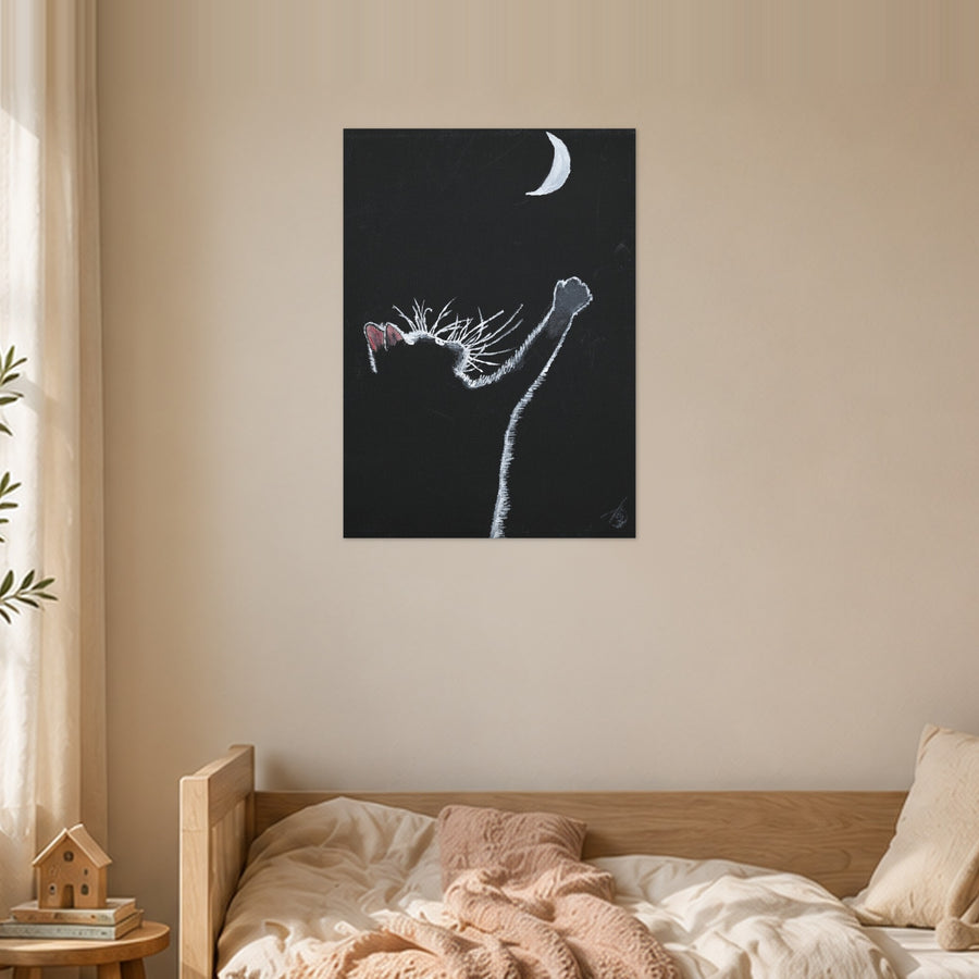 At least I tried art poster by Artis Berkmanis, a small black cat reaching one paw towards a white crescent moon in a dark night sky. Unframed matte print shown at 50 x 70 cm in a Scandinavian children's room.