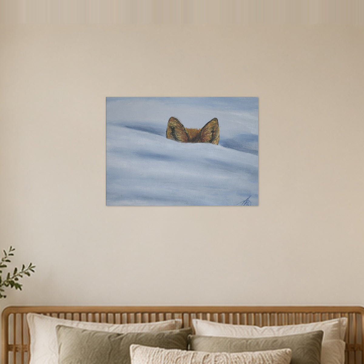 I am not lost, only hiding art poster by Artis Berkmanis, two fox ears rising above soft blue-white snow. Unframed matte print shown at 70 x 50 cm above a bed in a calm Scandinavian bedroom.