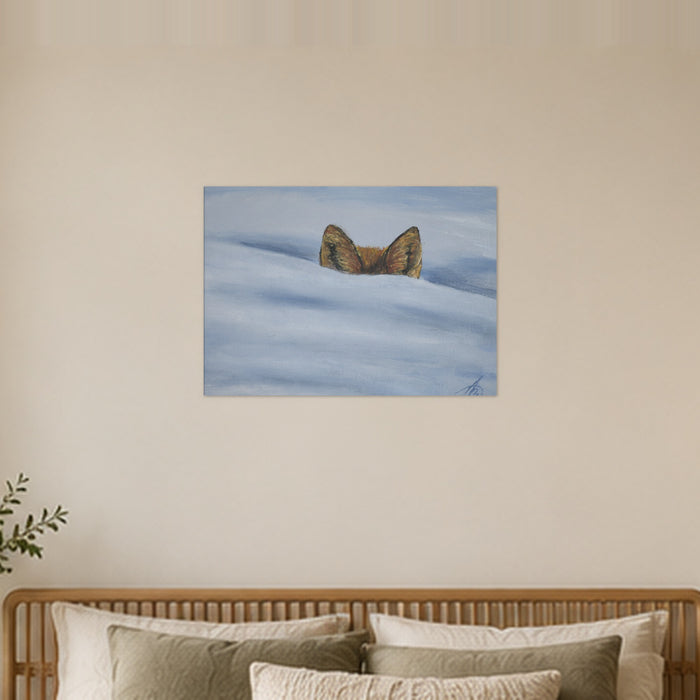 I am not lost, only hiding art poster by Artis Berkmanis, two fox ears rising above soft blue-white snow. Unframed matte print shown at 70 x 50 cm above a bed in a calm Scandinavian bedroom.