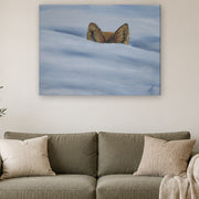 I am not lost, only hiding canvas print by Artis Berkmanis, fox ears rising from soft blue-white snow. Shown at 102 x 76 cm above a sofa in a Scandinavian living room.