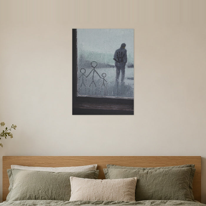 I love you, Dad! art poster by Artis Berkmanis, a child's drawing on a rainy window with a father figure standing beyond the glass. Unframed matte print shown at 50 x 70 cm above a bed in a calm Scandinavian bedroom.