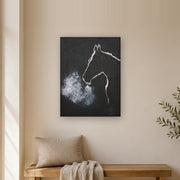 The night did not keep him canvas print by Artis Berkmanis, the white outline of a horse's head, its breath turning to mist on a black background. Shown at 46 x 61 cm in a Scandinavian hallway.