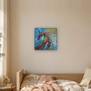 Do not mistake silence for surrender! canvas print by Artis Berkmanis, a wild horse in thick red, green and dark strokes against a blue and yellow sky. Shown at 41 x 41 cm in a Scandinavian children's room.