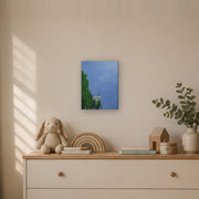 I am a beginning, not an ending canvas print by Artis Berkmanis, a single dandelion seed lifting off into a clear blue sky. Shown at 30 x 41 cm in a Scandinavian children's room.