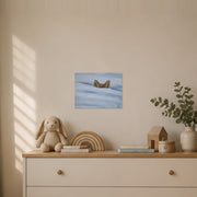 I am not lost, only hiding art poster by Artis Berkmanis, two fox ears rising above soft blue-white snow. Unframed matte print shown at 40 x 30 cm in a Scandinavian children's room.