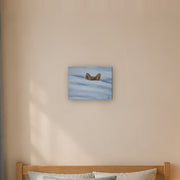 I am not lost, only hiding canvas print by Artis Berkmanis, fox ears rising from soft blue-white snow. Shown at 41 x 30 cm in a Scandinavian children's room.