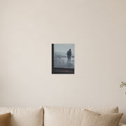 I love you, Dad! art poster by Artis Berkmanis, a child's drawing on a rainy window with a father figure standing beyond the glass. Unframed matte print shown at 30 x 40 cm above a sofa in a Scandinavian living room.