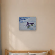No one said it's not allowed canvas print by Artis Berkmanis, purple crocuses pushing up through white snow. Shown at 50 x 40 cm in a Scandinavian children's room.