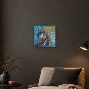 Do not mistake silence for surrender! canvas print by Artis Berkmanis, a wild horse in thick red, green and dark strokes against a blue and yellow sky. Shown at 41 x 41 cm on a dark wall in a cosy living room.