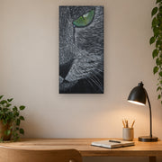 I saw you first canvas print by Artis Berkmanis, a grey cat's green eye watching from the dark. Shown at 30 x 61 cm above a desk in a Scandinavian home office.