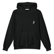 At least I tried hoodie by Art-is-Artis – black oversized hoodie with a small white crescent moon on the chest, front view