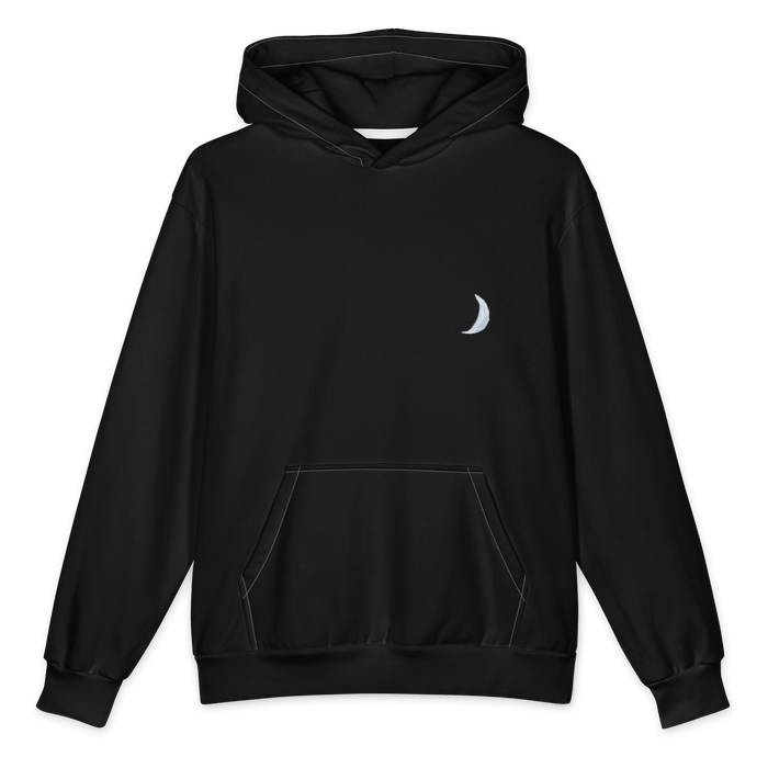 At least I tried hoodie by Art-is-Artis – black oversized hoodie with a small white crescent moon on the chest, front view