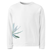 I am sweatshirt by Art-is-Artis – white sweatshirt with a pale green flower printed at the lower front, flat front view