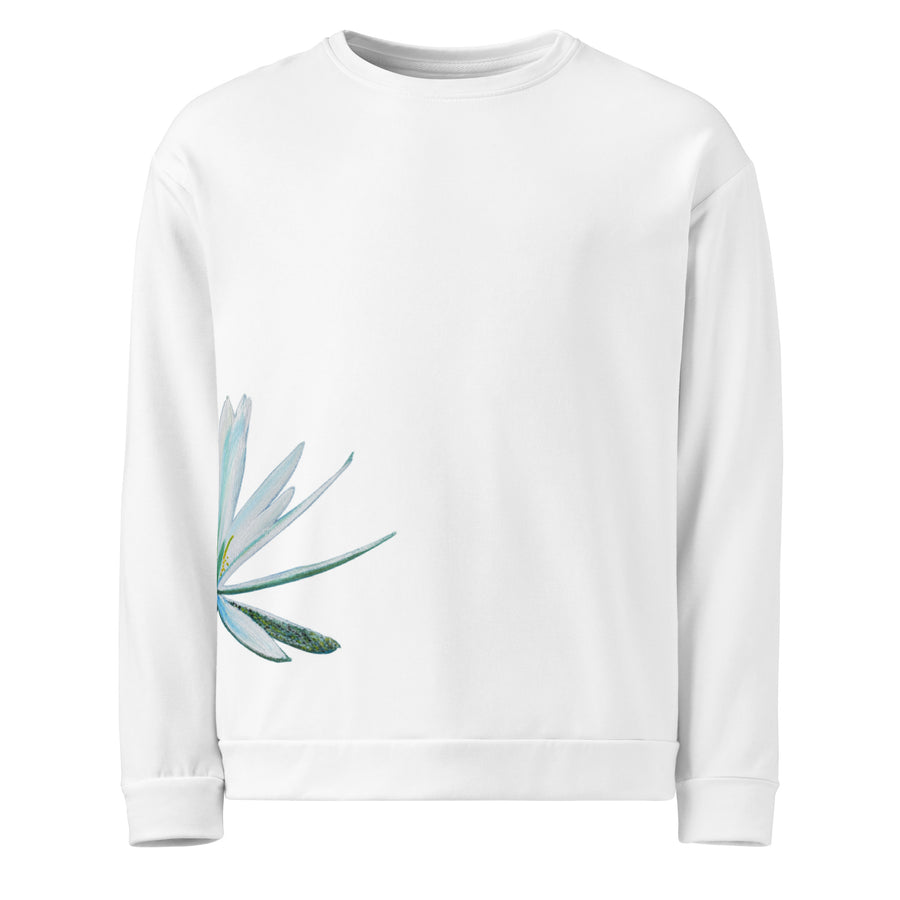 I am sweatshirt by Art-is-Artis – white sweatshirt with a pale green flower printed at the lower front, flat front view