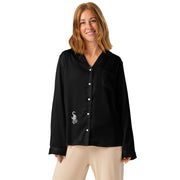 I am not as small as I look pyjama top by Art-is-Artis – black silky pyjama top with a small white kitten near the hem, worn by a model, front view