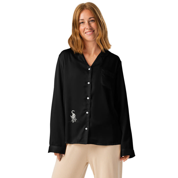 I am not as small as I look pyjama top by Art-is-Artis – black silky pyjama top with a small white kitten near the hem, worn by a model, front view