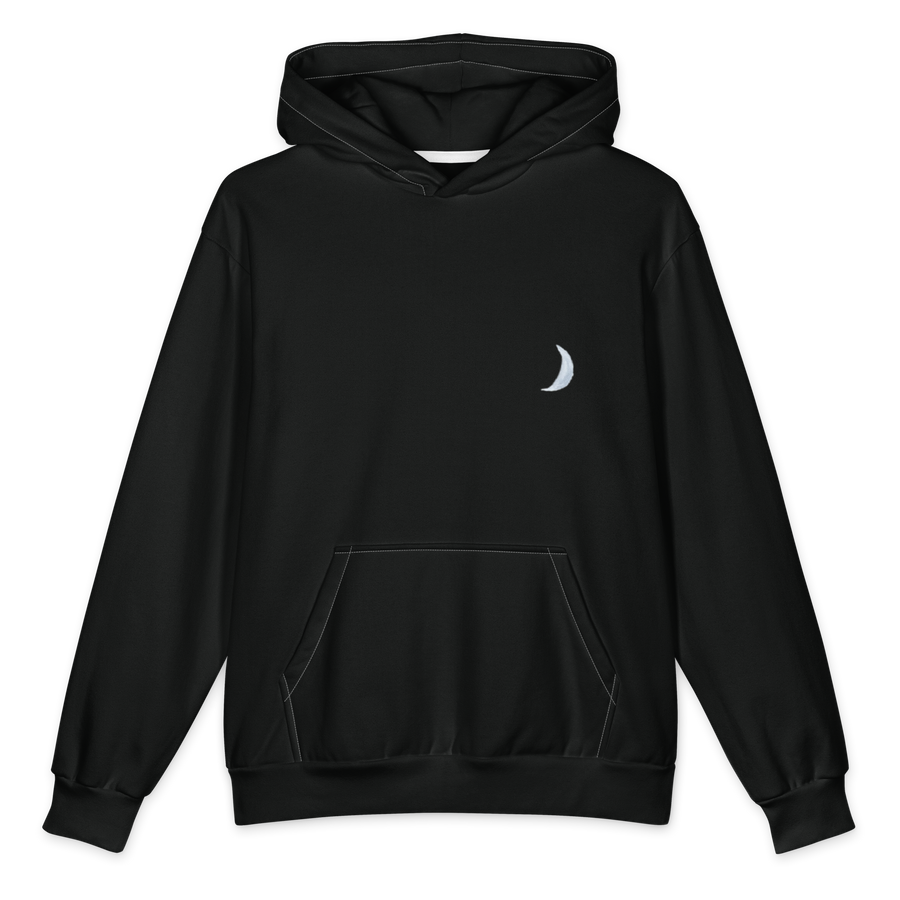 At least I tried hoodie by Art-is-Artis – black oversized hoodie with a small white crescent moon on the chest, front view