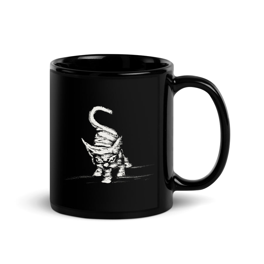 I am not as small as I look mug by Art-is-Artis – black 11 oz mug with a small white kitten, handle on the right