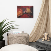 The flower that became a catastrophe canvas print by Artis Berkmanis on a light wall above a wicker basket, beside a linen curtain and plants