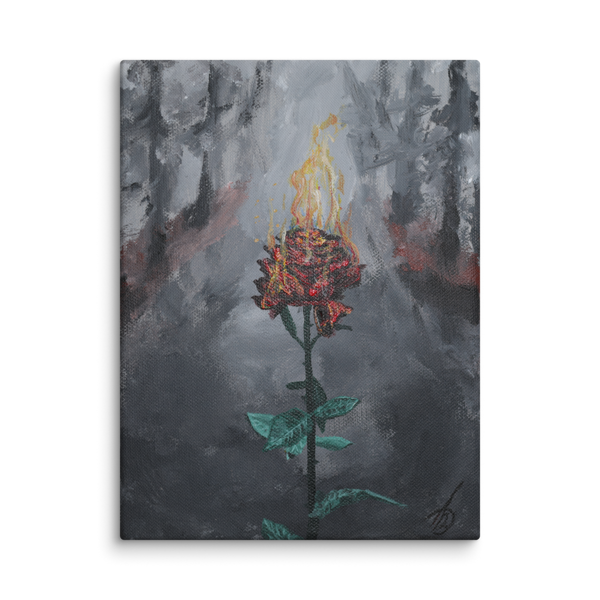 Everything was already burning, but I kept blooming canvas print by Artis Berkmanis – burning rose art, a red rose on fire blooming in a misty grey forest