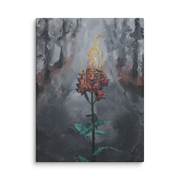Everything was already burning, but I kept blooming canvas print by Artis Berkmanis – burning rose art, a red rose on fire blooming in a misty grey forest