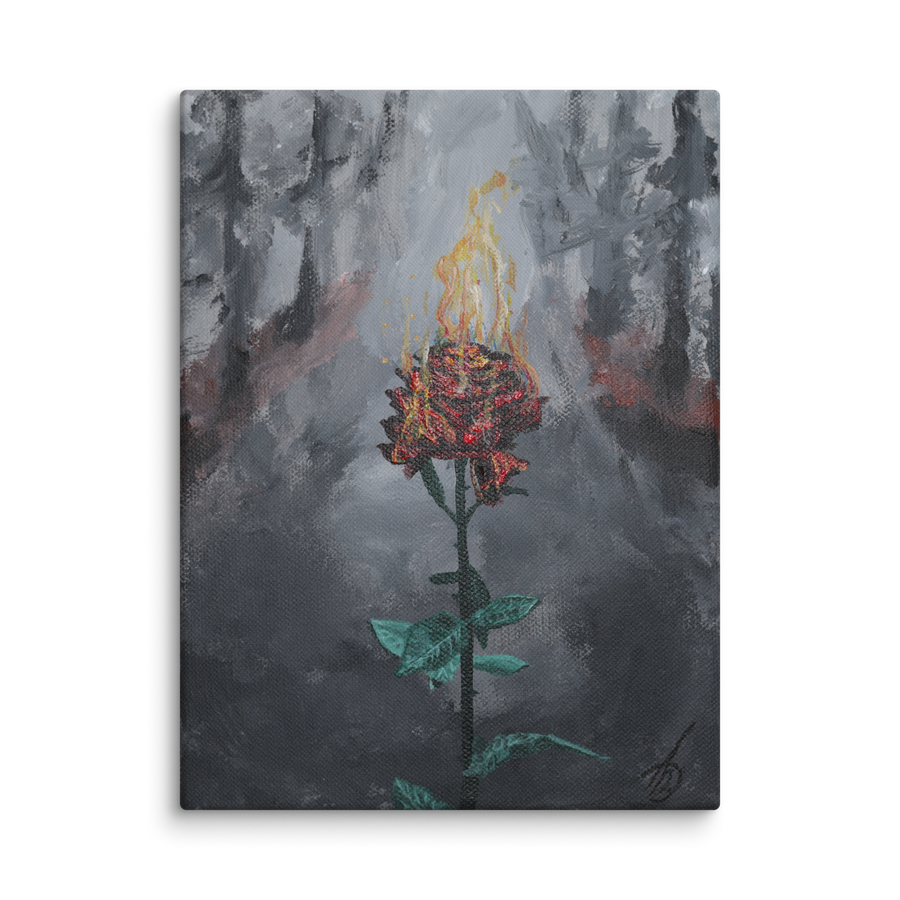Everything was already burning, but I kept blooming canvas print by Artis Berkmanis – burning rose art, a red rose on fire blooming in a misty grey forest