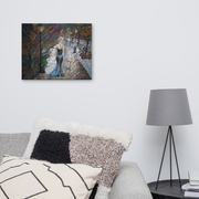 Not every leaving is a loss canvas print by Artis Berkmanis on a light grey wall above a bed with patterned pillows and a lamp