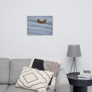 I am not lost, only hiding canvas print by Artis Berkmanis in a living room above a grey sofa with a floor lamp