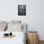 Everything was already burning, but I kept blooming canvas print by Artis Berkmanis – front view of the canvas, red rose with a flame among grey trees