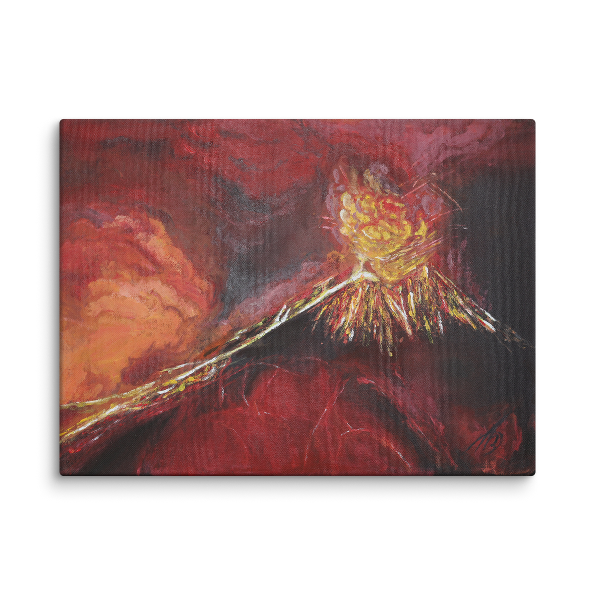 The flower that became a catastrophe canvas print by Artis Berkmanis – a flower erupting in fiery red, orange and gold strokes on a deep red background