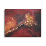 The flower that became a catastrophe canvas print by Artis Berkmanis – a flower erupting in fiery red, orange and gold strokes on a deep red background