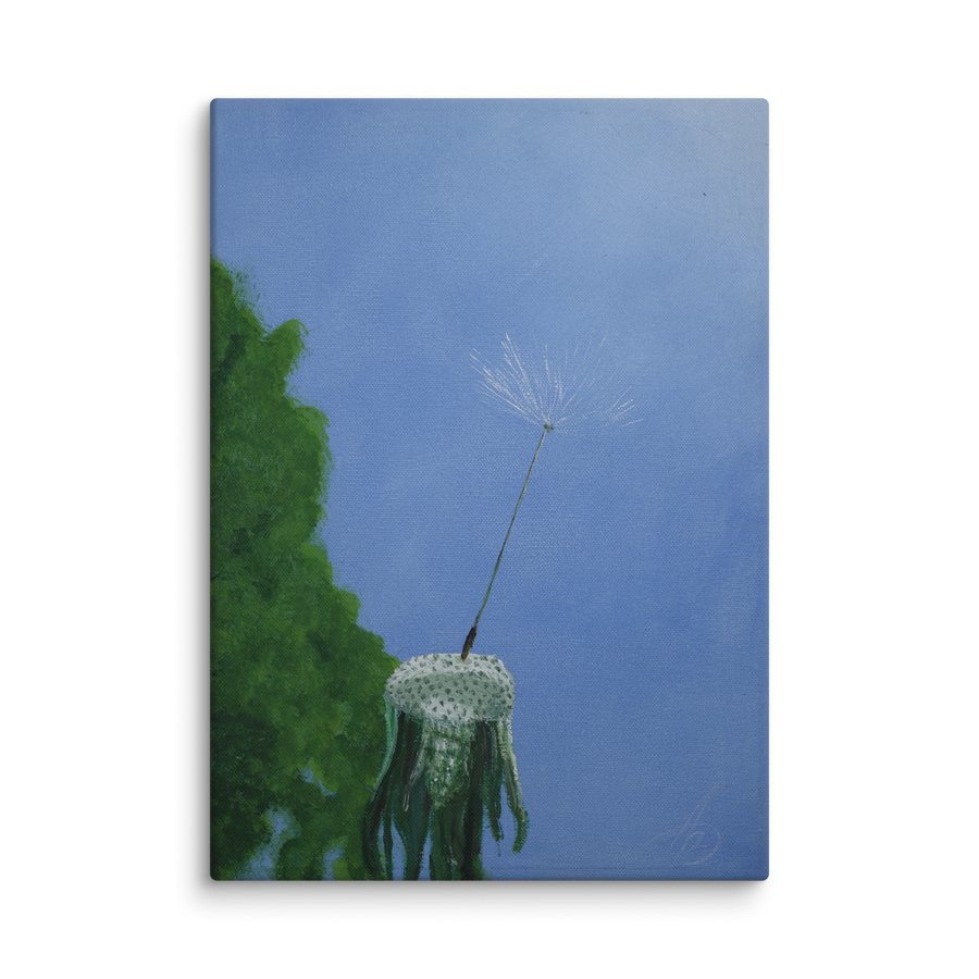 I am a beginning, not an ending canvas print by Artis Berkmanis – a single dandelion seed lifting off into a clear blue sky beside green foliage