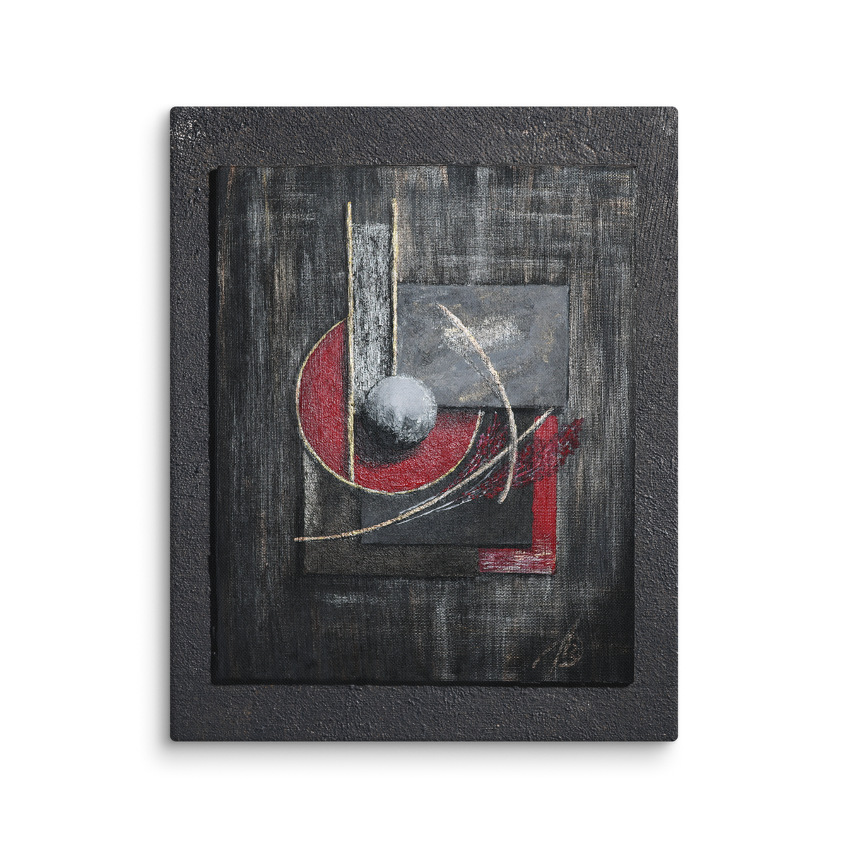 Balance was not peace canvas print by Artis Berkmanis – abstract red arc, grey sphere and gold lines on dark textured background