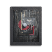 Balance was not peace canvas print by Artis Berkmanis – abstract red arc, grey sphere and gold lines on dark textured background