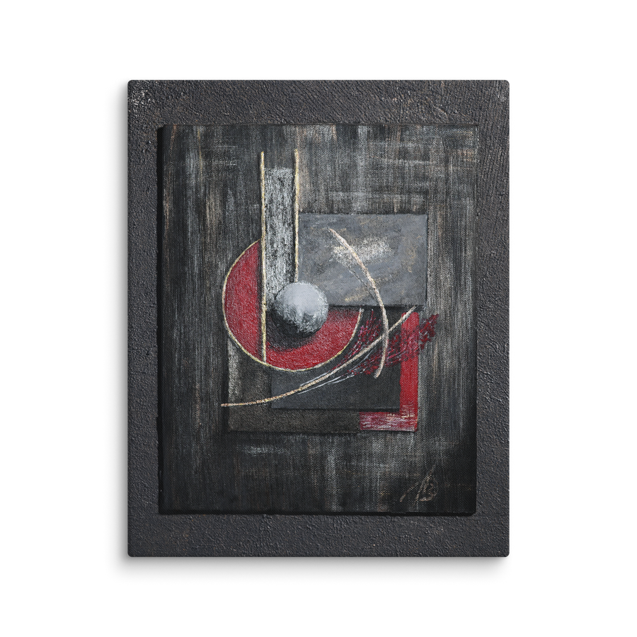 Balance was not peace canvas print by Artis Berkmanis – abstract red arc, grey sphere and gold lines on dark textured background