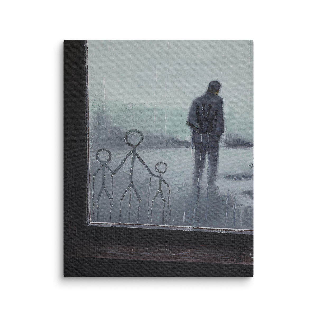 I love you, Dad! canvas print by Artis Berkmanis – childlike figures on a rain-covered window, a lone father figure beyond, muted colours