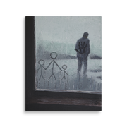 I love you, Dad! canvas print by Artis Berkmanis – childlike figures on a rain-covered window, a lone father figure beyond, muted colours