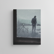 I love you, Dad! canvas print by Artis Berkmanis – childlike figures on a rain-covered window, a lone father figure beyond, muted colours. Shown on a light grey wall.