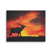 Where the sun becomes a beast canvas print by Artis Berkmanis – black silhouette of a stag calling against a fiery red and yellow sunset sky