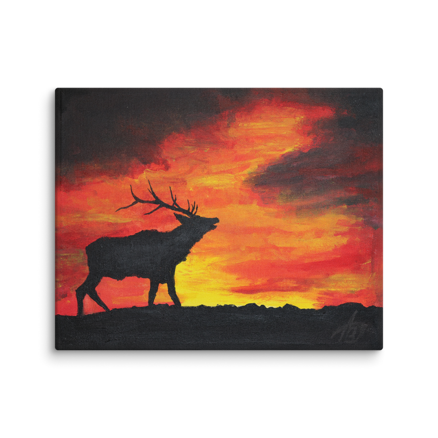 Where the sun becomes a beast canvas print by Artis Berkmanis – black silhouette of a stag calling against a fiery red and yellow sunset sky