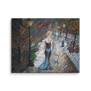 Not every leaving is a loss canvas print by Artis Berkmanis – a woman in a dark blue evening dress walking alone down a rainy, lamp-lit street at night