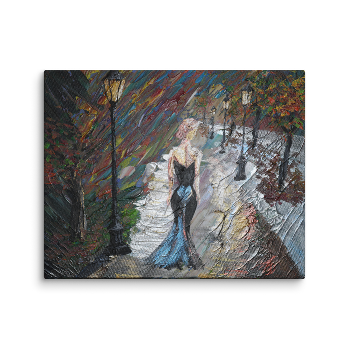 Not every leaving is a loss canvas print by Artis Berkmanis – a woman in a dark blue evening dress walking alone down a rainy, lamp-lit street at night
