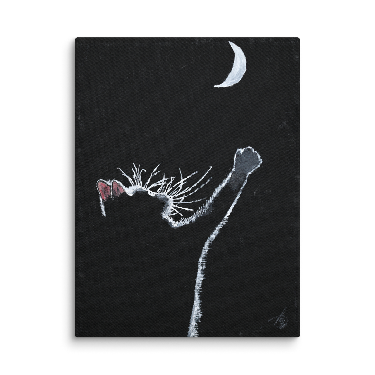 At least I tried canvas print by Artis Berkmanis – white cat reaching toward a crescent moon on a black background