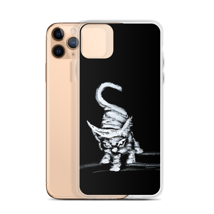 I am not as small as I look iPhone case by Art-is-Artis – white kitten on black, iPhone 11 Pro Max, case shown next to the phone