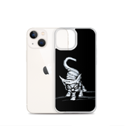 I am not as small as I look iPhone case by Art-is-Artis – white kitten on black, iPhone 13 mini, case shown next to the phone