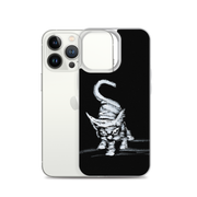 I am not as small as I look iPhone case by Art-is-Artis – white kitten on black, iPhone 13 Pro, case shown next to the phone