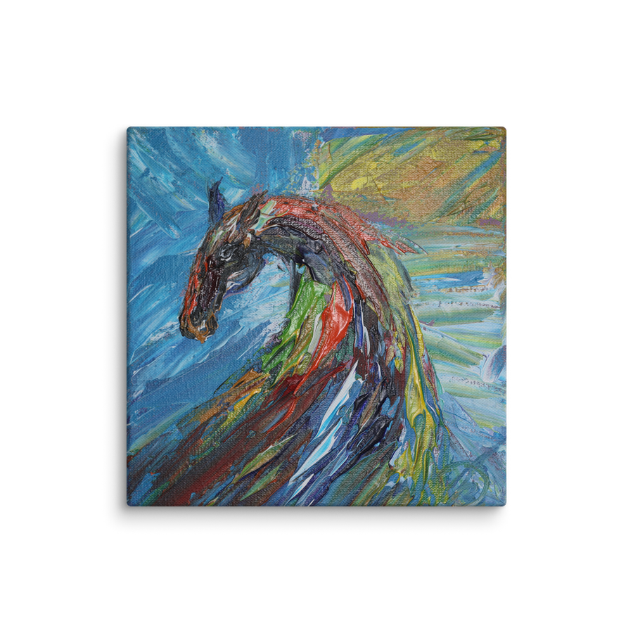 Do not mistake silence for surrender! canvas print by Artis Berkmanis – a wild horse in thick red, green and dark strokes against a blue and yellow sky, wild horse painting
